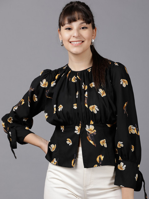 

Tokyo Talkies Women Black Printed Cinched Waist Top