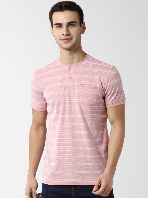

Peter England Casuals Men Pink & White Striped Henley Neck T-shirt