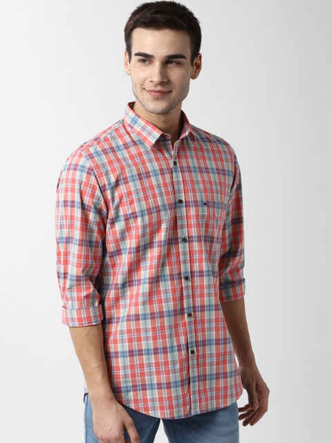 

Peter England Casuals Men Peach-Coloured & Blue Slim Fit Checked Casual Shirt
