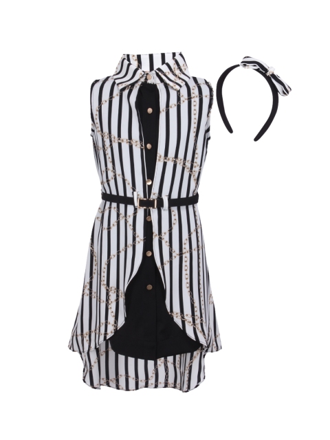 

CUTECUMBER Girls Black & White Striped Shirt Dress With Hairband