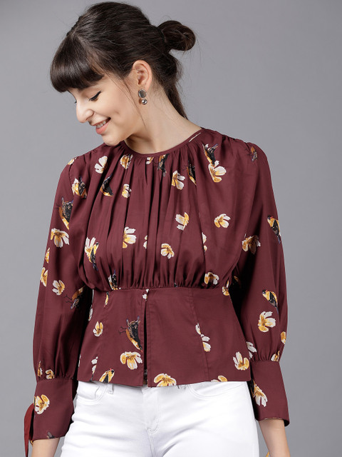 

Tokyo Talkies Women Burgundy Printed Cinched Waist Top