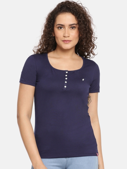 

Feather Soft Elite Women Navy Blue Solid Henley Neck T-shirt