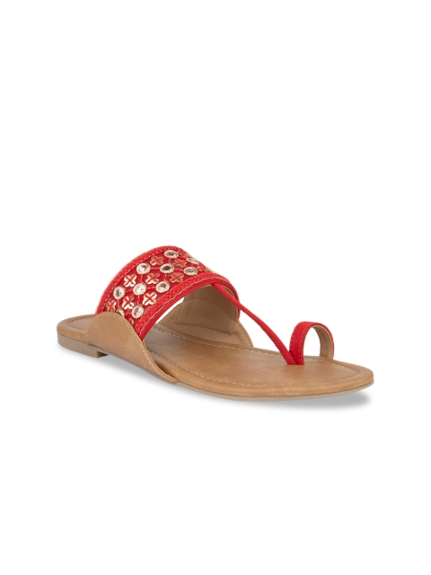 

SOLES Women Red Embellished T-Strap Flats