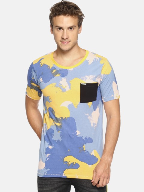 

IMPACKT Men Blue & Yellow Printed Round Neck T-shirt