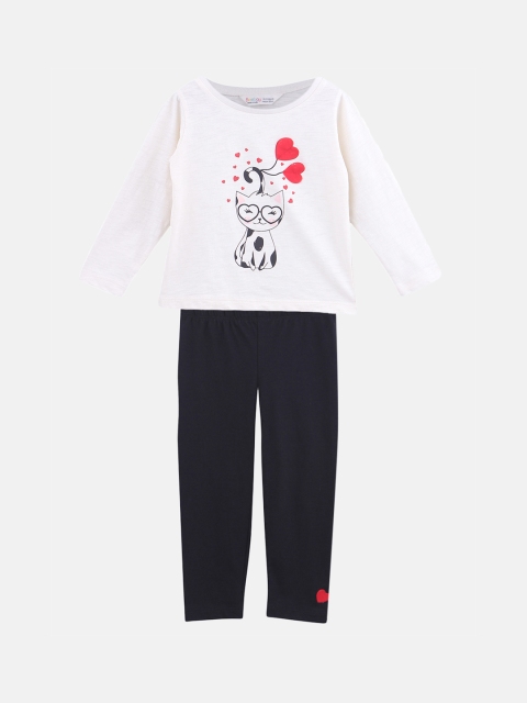 

Beebay Girls Off-White & Navy Blue Printed T-shirt with Leggings