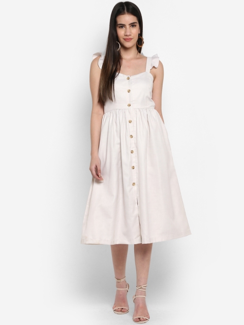 

FOSH Women Off-White Self Design Fit and Flare Dress
