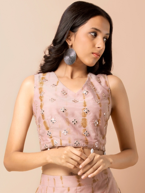 

INDYA Women Pink Tie Dye Embellished Ethnic Crop Top