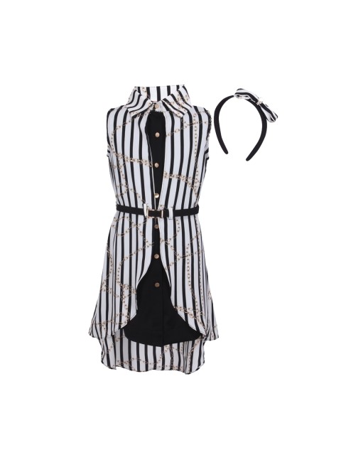 

CUTECUMBER Girls Black & White Striped Shirt Dress With Hairband