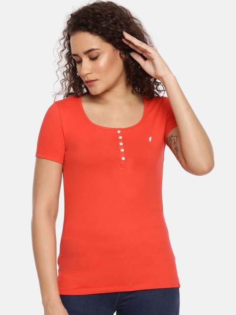 

Feather Soft Elite Women Red Solid Henley Neck T-shirt