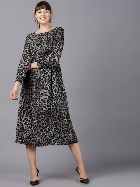 

Tokyo Talkies Women Black Cheetah Skin Printed Fit and Flare Dress