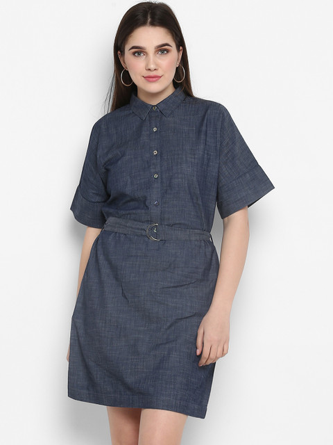 

FOSH Women Navy Blue Solid Shirt Dress