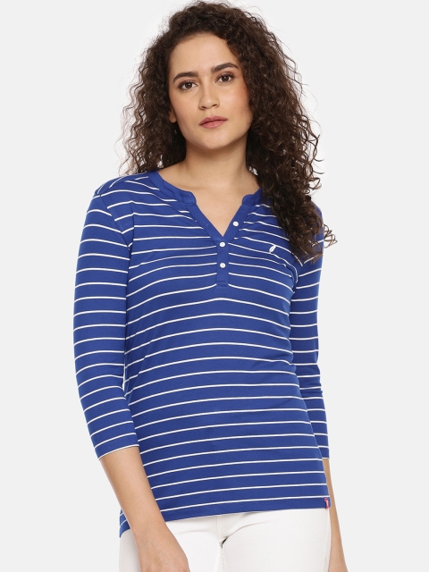 

Feather Soft Elite Women Blue Striped Henley Neck T-shirt