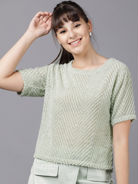 

Tokyo Talkies Women Green Self Design A-Line Top