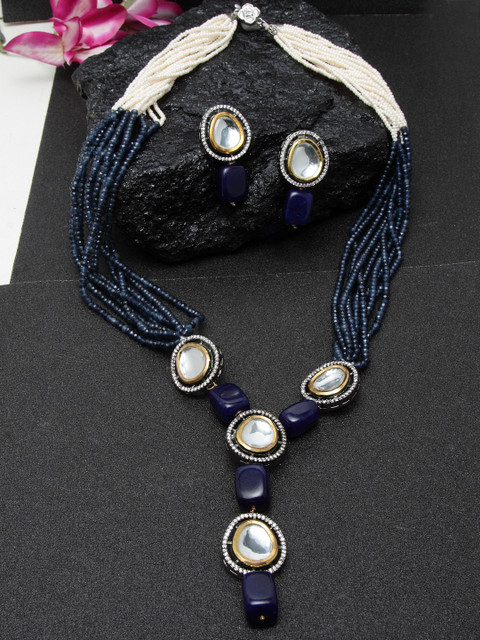 

DUGRISTYLE Gold-Plated Blue & White Kundan Studded Sterling Silver Beaded Jewellery Set