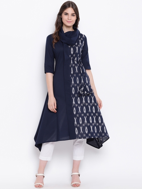 

FABNEST Women Navy Blue & White Printed A-Line Kurta