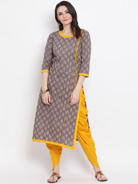 

FABNEST Women Grey & Yellow Printed Straight Kurta