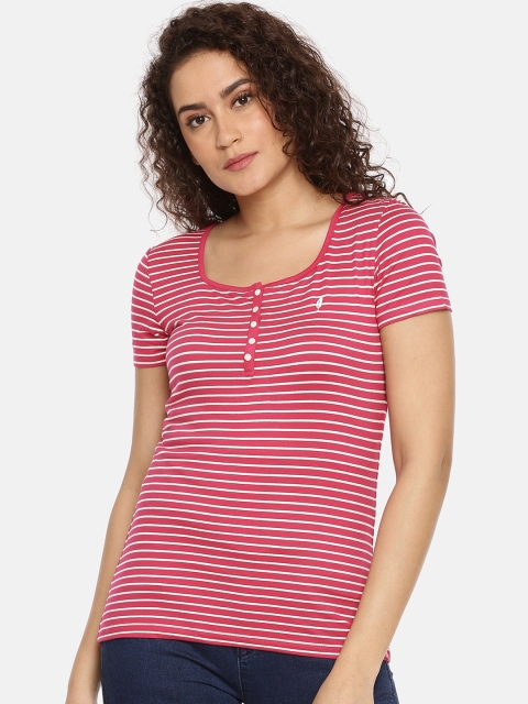

Feather Soft Elite Women Magenta Striped Henley Neck T-shirt