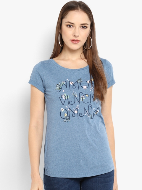 

KVL Women Blue Printed Round Neck T-shirt