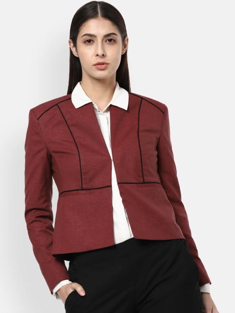 

Van Heusen Woman Maroon & Black Self-Design Front-Open Formal Blazer