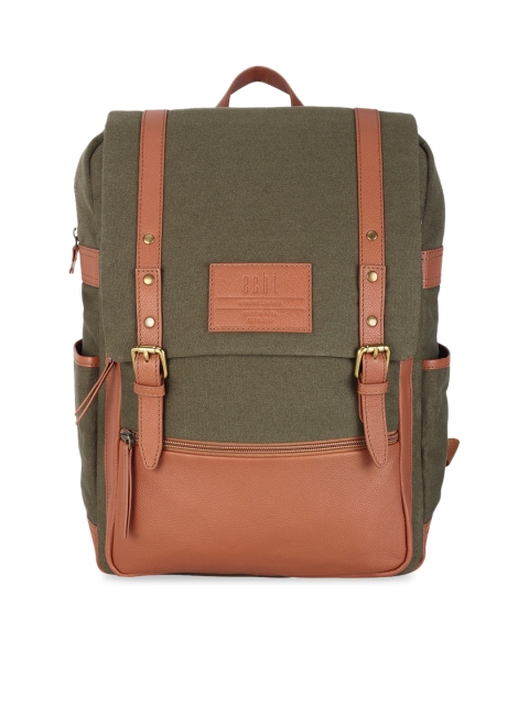 

echt Men Green & Tan Brown Colourblocked Leather Backpack