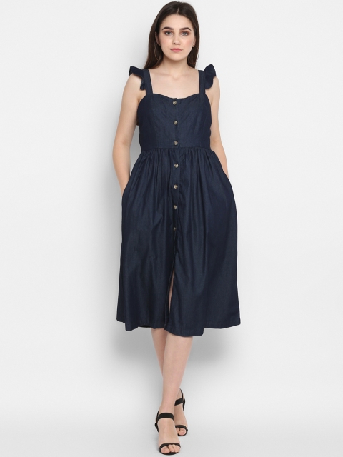 

FOSH Women Navy Blue Solid Fit and Flare Dress