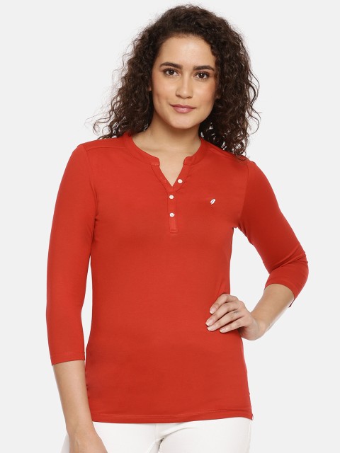 

Feather Soft Elite Women Red Solid Henley Neck T-shirt