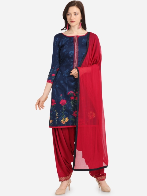 

Kvsfab Navy Blue & Red Cotton Blend Unstitched Dress Material