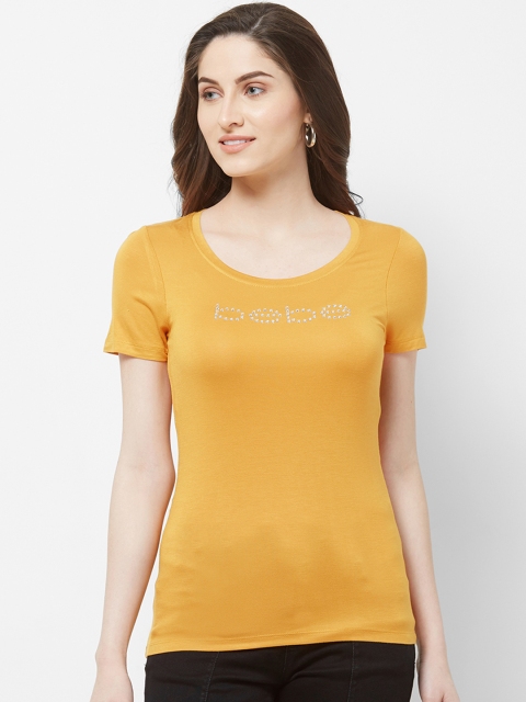 

bebe Women Mustard Yellow Solid Round Neck T-shirt