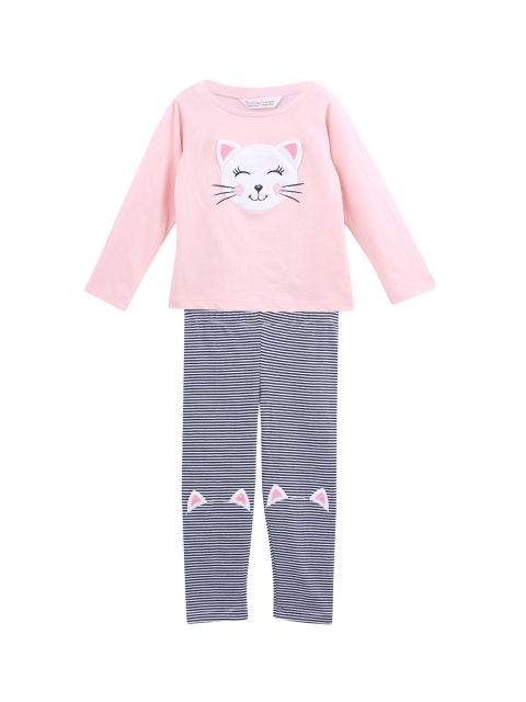 

Beebay Girls Pink & Navy Blue Printed T-shirt with Leggings