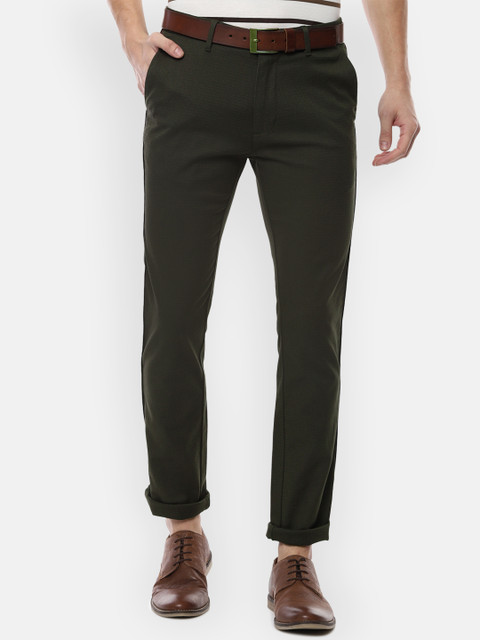 

V Dot Men Olive Green Slim Fit Checked Regular Trousers
