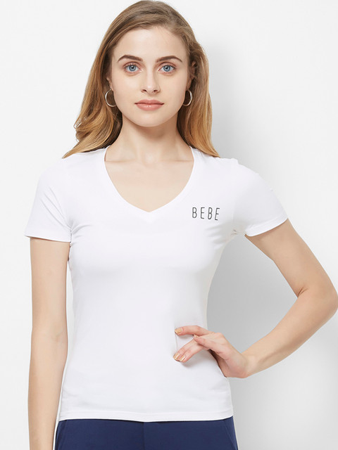 

bebe Women White Printed V-Neck T-shirt