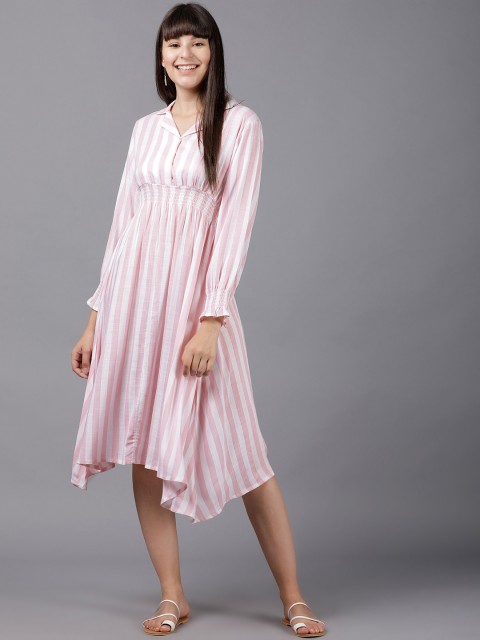 

Tokyo Talkies Women Pink & White Striped Shirt Dress