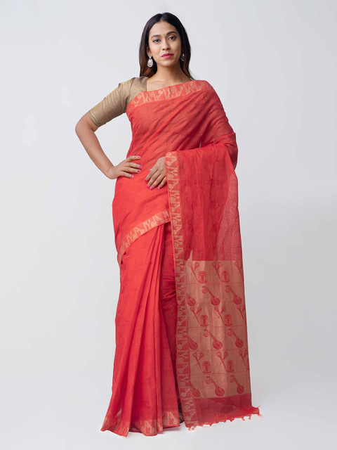 

Unnati Silks Coral Orange Solid Pure Handloom Mysore Jacquard Cotton Saree