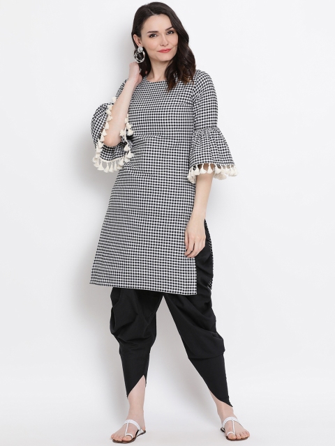 

FABNEST Women Black & White Checked Straight Kurta