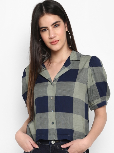 

FOSH Women Olive Green & Navy Blue Checked Shirt Style Top