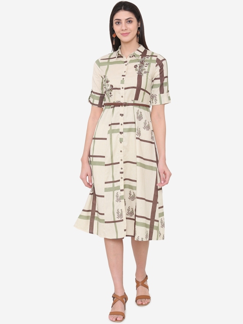 

Laabha Women Beige & Brown Checked Shirt Dress