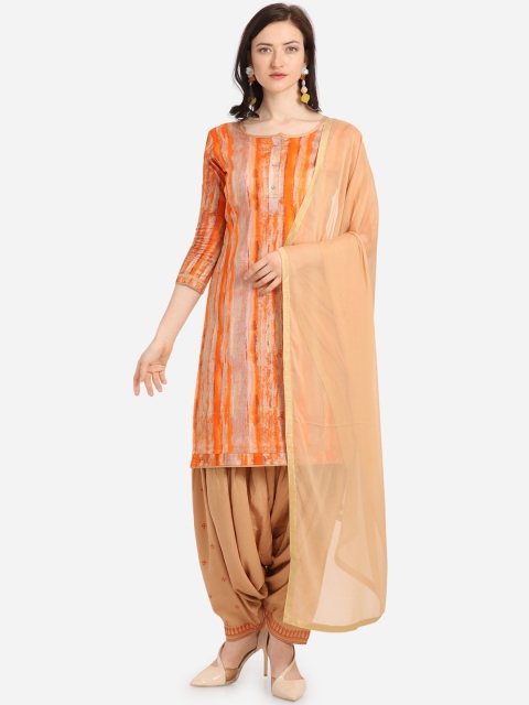 

Kvsfab Orange & Beige Cotton Blend Unstitched Dress Material