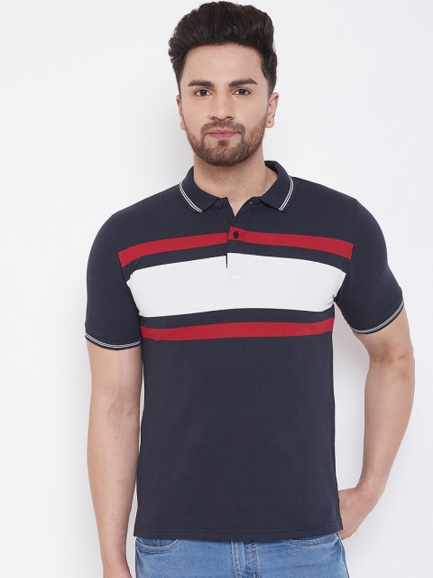 

Austin wood Men Navy Blue & White Striped Polo Collar T-shirt