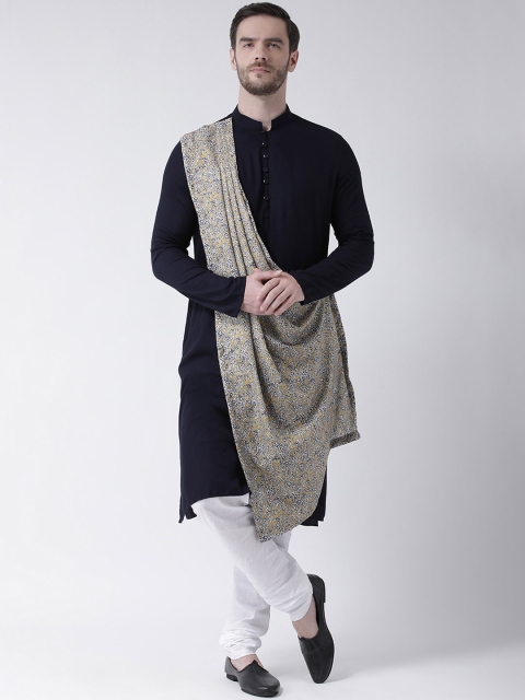 

DEYANN Men Navy Blue & Yellow Printed Straight Drape Kurta