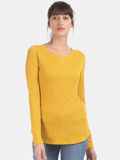 

GAP Women Yellow Self Design Round Neck T-shirt