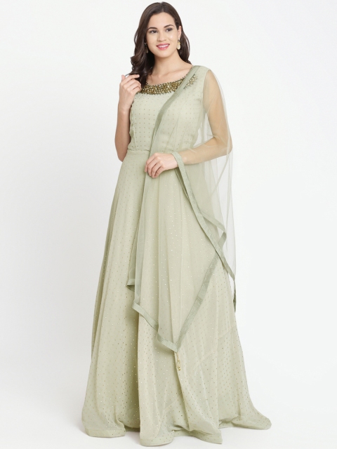 

Koskii Women Green Embellished A-Line Dress with Dupatta