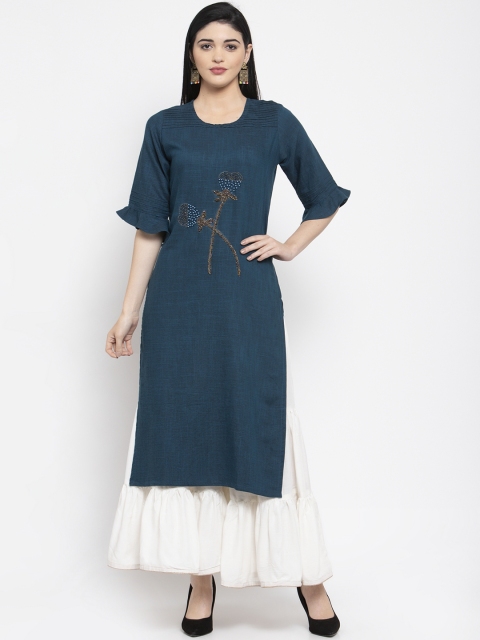 Clora Creation Women Teal Blue Embroidered Straight Kurta