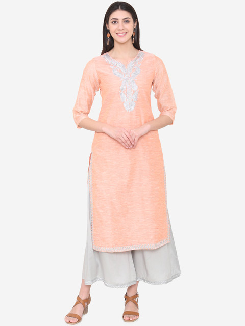 

Laabha Women Peach-Coloured & Grey Embroidered Kurta with Palazzos