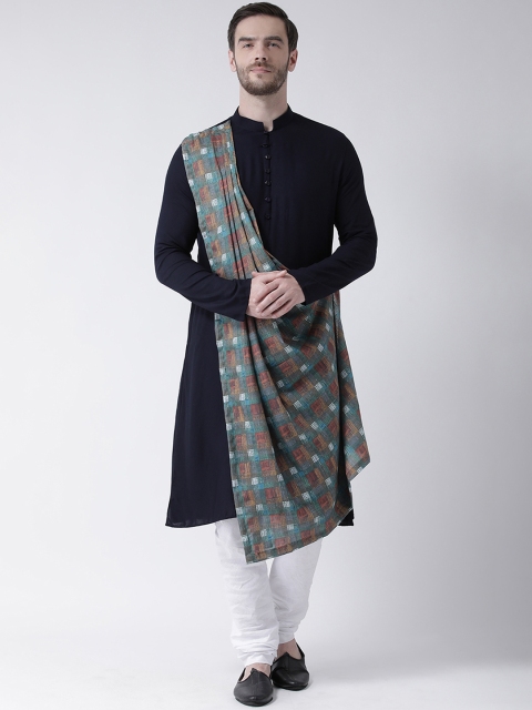 

DEYANN Men Navy Blue & White Printed Drape Kurta with Churidar & Attached Dupatta