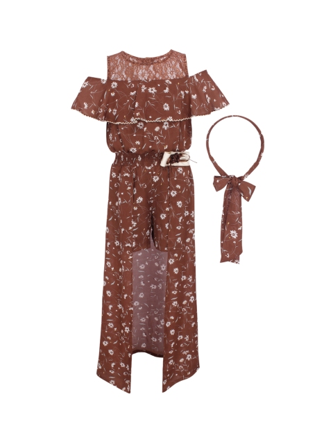 

CUTECUMBER Girls Brown & White Printed Maxi Dress With Hairband