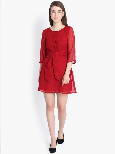 

yelloe Women Red Solid Fit and Flare Dress