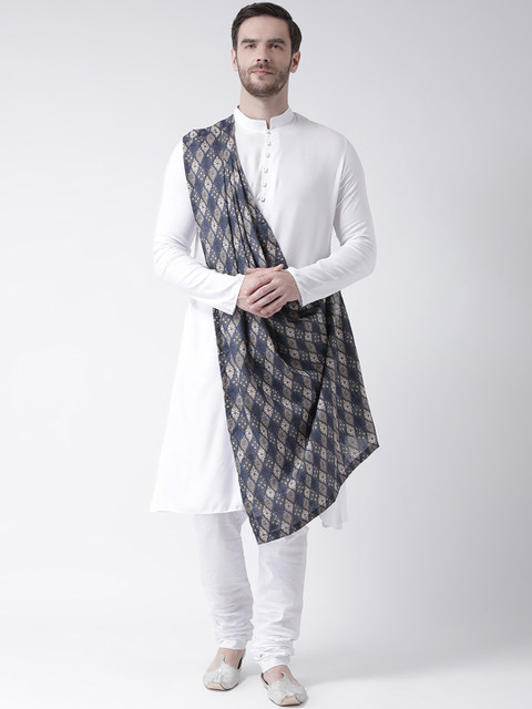 

DEYANN Men White & Navy Blue Printed Straight Kurta