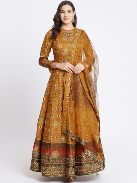 

Koskii Women Rust Orange Printed Ethnic Maxi Dress with Dupatta