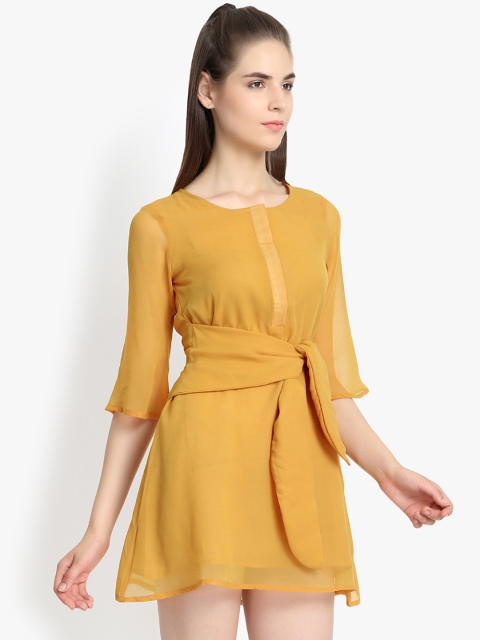 

yelloe Women Mustard Yellow Solid Fit and Flare Dress