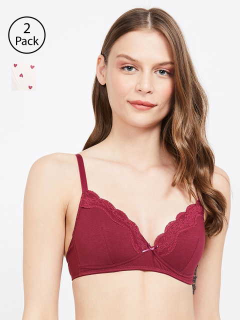 

Ginger by Lifestyle Pack of 2 Lace Non-Wired Lightly Padded Plunge Bras 8907362338166, Maroon